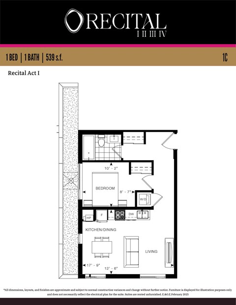 A floor plan for a 1 bedroom, 1 bathroom apartment sized at 539 square feet.